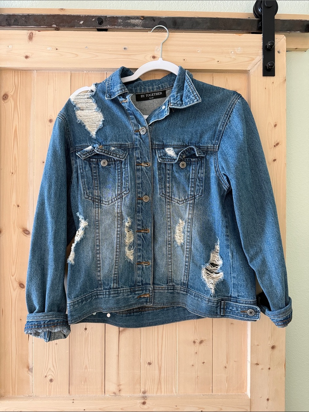 By Together Distressed Medium Blue Denim Trucker Jacket